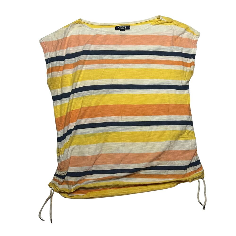 Chaps S Yellow Multi Stripe Boatneck Top 100% Cotton Drawstring Coastal Preppy